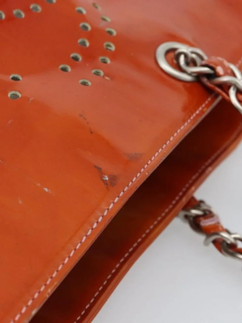 CHANEL Triple Coco Chain Tote Bag Patent leather Orange Silver CC Auth bs18659